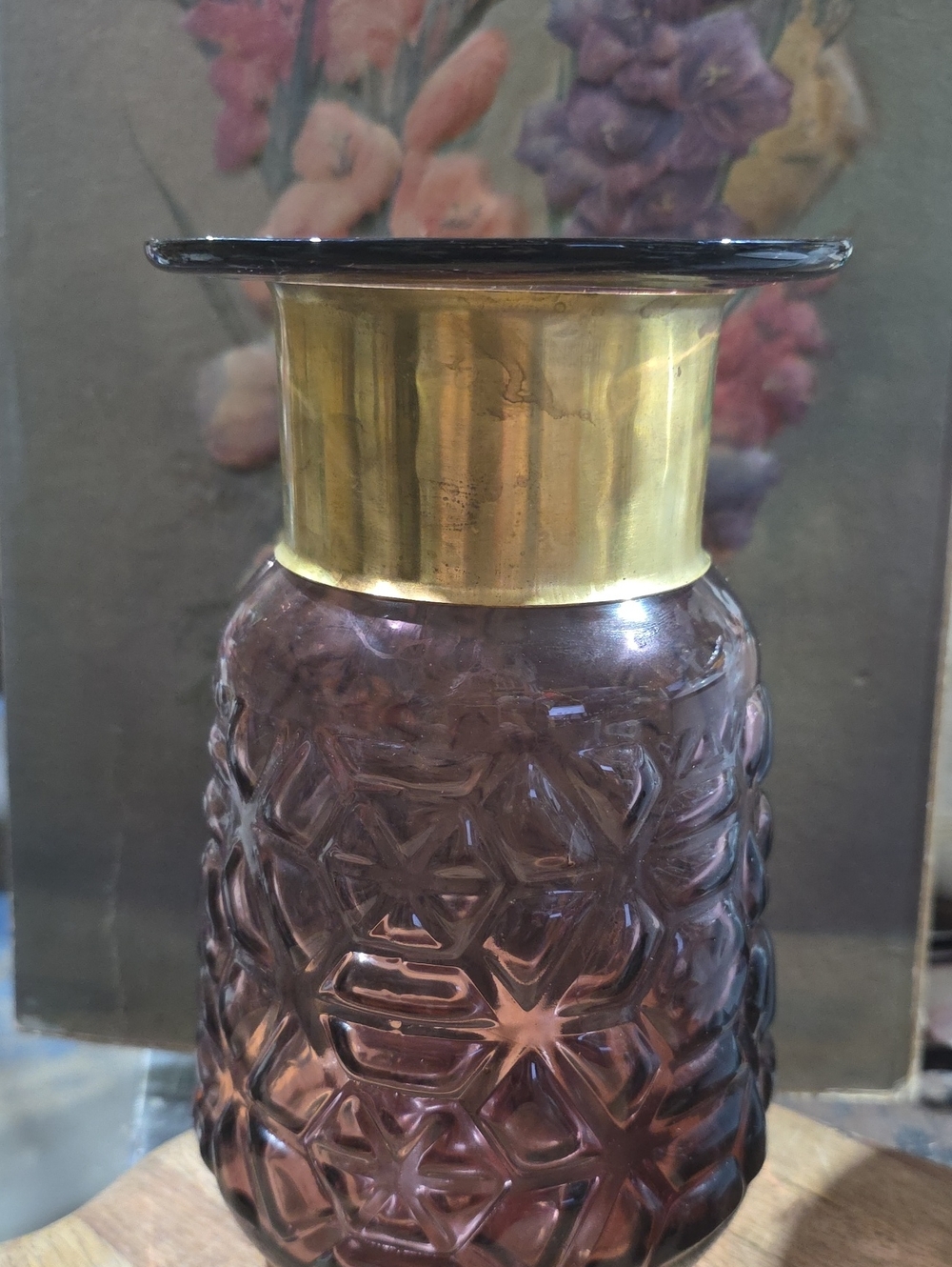 Vintage Bohemia Purple Pressed Glass Vase Brass Collar - Decorative Home Accent